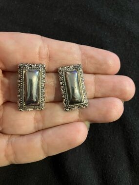 Estate Silver-Tone Rectangular Bezel Earrings